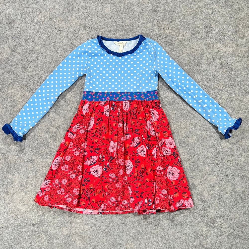 Matilda Jane Dress Girls 6 Blue Red Polka Dot Floral Ruffle Long Sleeve Whimsy